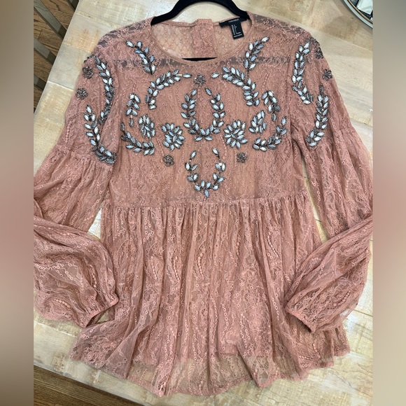 Forever 21 dainty lace long sleeve peplum embroidered sparkle beaded top blouse - Picture 12 of 15